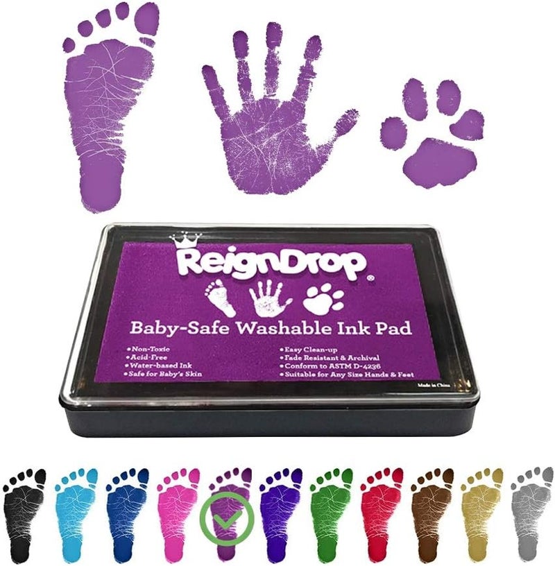 ReignDrop وسادة حبر لطباعة بصمة قدم ويد الطفل - تخلق طابع تذكاري رائع يدوم طويلاً للرضع والأطفال. مقاومة للتلطيخ، سهلة المسح عن الجلد، آمنة ولطيفة خالية من الأحماض (بنفسجي) - Image 1